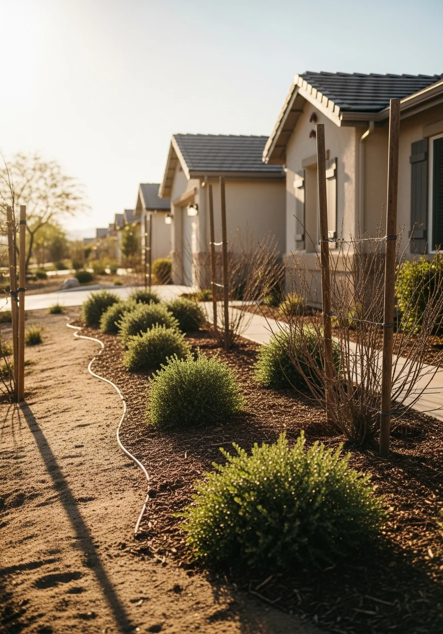 Detail of a Banning home's exterior showing wind-resistant construction and fire-safe landscaping practices.