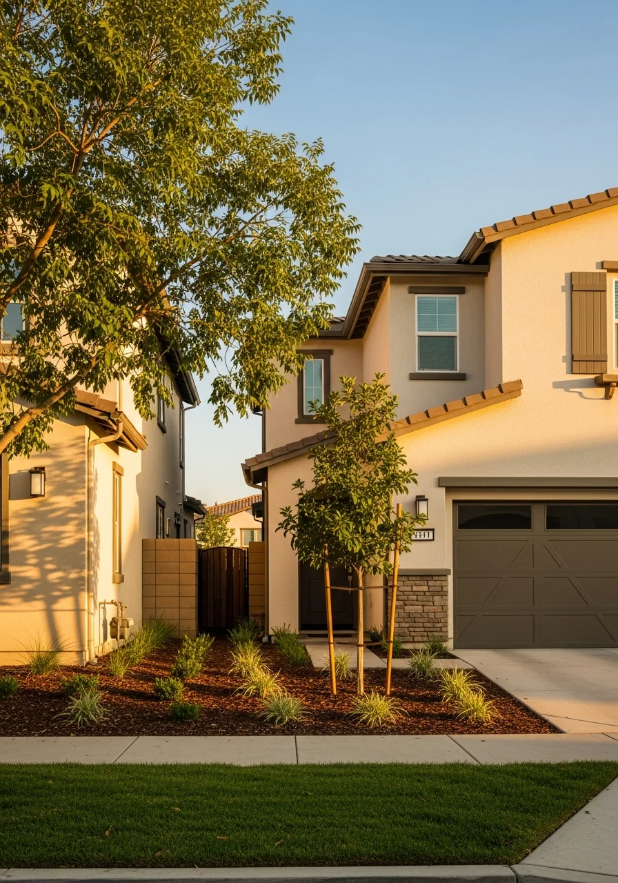 Corona home exterior with modern finishes, contemporary landscaping, and new construction details.