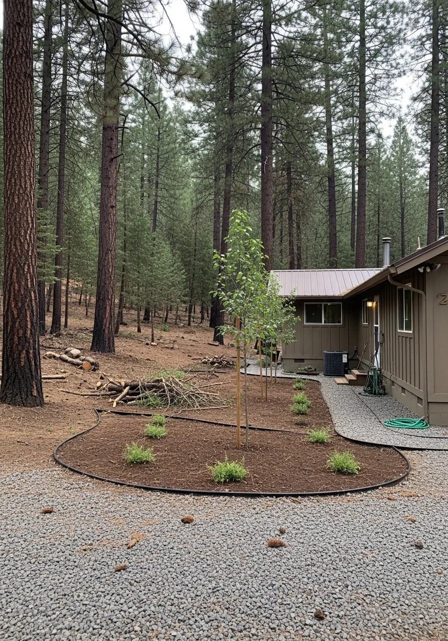 Idyllwild residence showing fire-safe defensible space, cleared vegetation, and forest-appropriate architectural design.