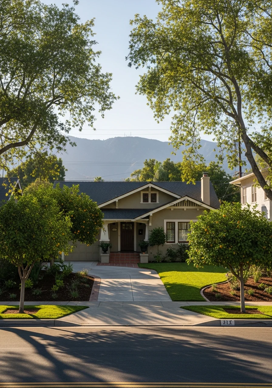 Redlands home exterior with period-appropriate details, mature landscaping, and mountain views in the background.