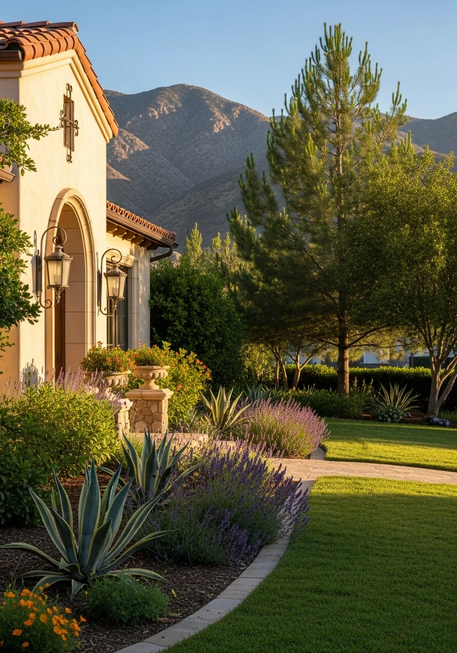 Close-up of a residential property in a Riverside County foothill community with mature landscaping and mountain backdrop.