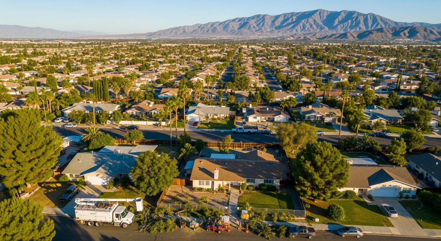 Wide aerial view of Riverside County showing mountain ranges, valley communities, and residential neighborhoods spread across diverse terrain.