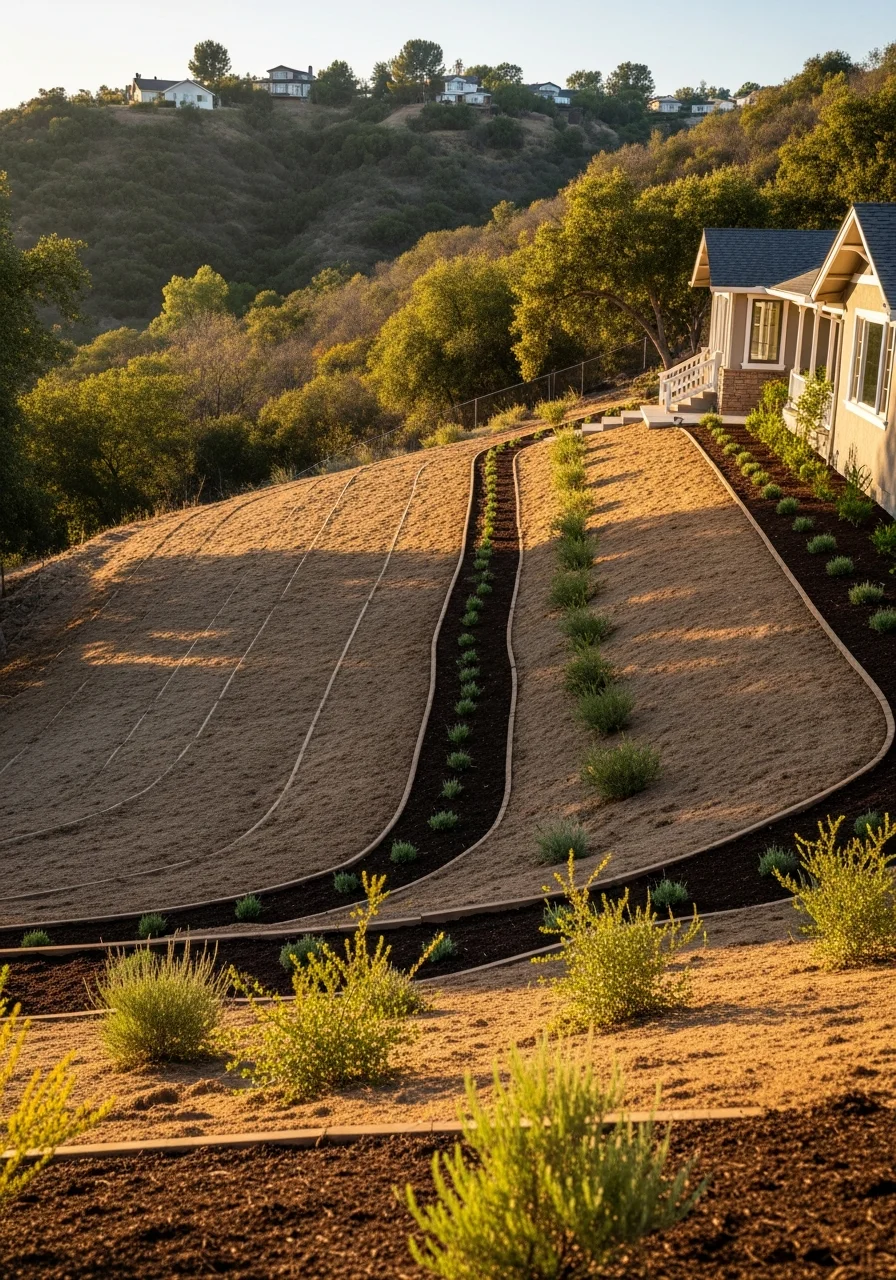 Yucaipa property exterior showing proper grading, drainage design, and fire-safe landscaping on hillside terrain.