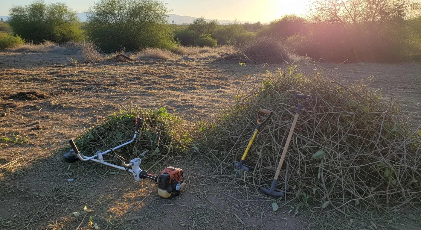 A Riverside County hillside property after professional brush cutting, showing cleared dry grass and native brush removed from a sloped lot with open terrain visible in the background. Valley Tree Care crew equipment is staged at the edge of the cleared area.
