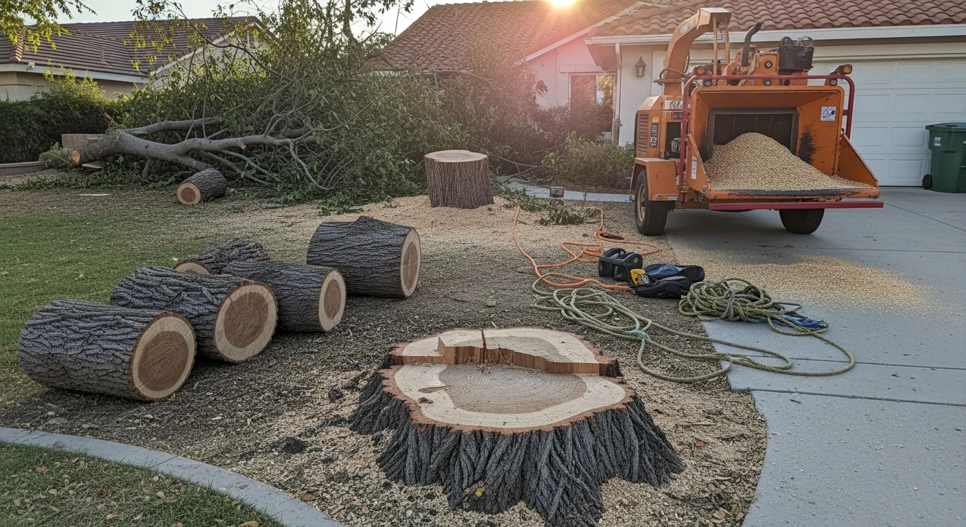 A Valley Tree Care crew removes a large storm-damaged tree that has split and fallen toward a single-family home in Riverside County, California. The work zone is secured with cones while a worker sections the trunk near the roofline.