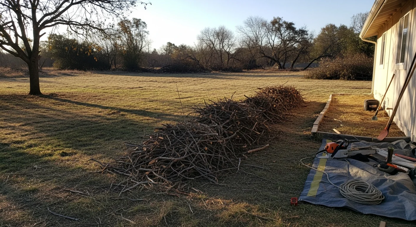 A cleared residential property in Riverside County showing trimmed trees, mowed dry grass, and removed brush within the required defensible space zone around the home. Valley Tree Care crew equipment is visible near the property edge after completing fire regulation vegetation cleanup.