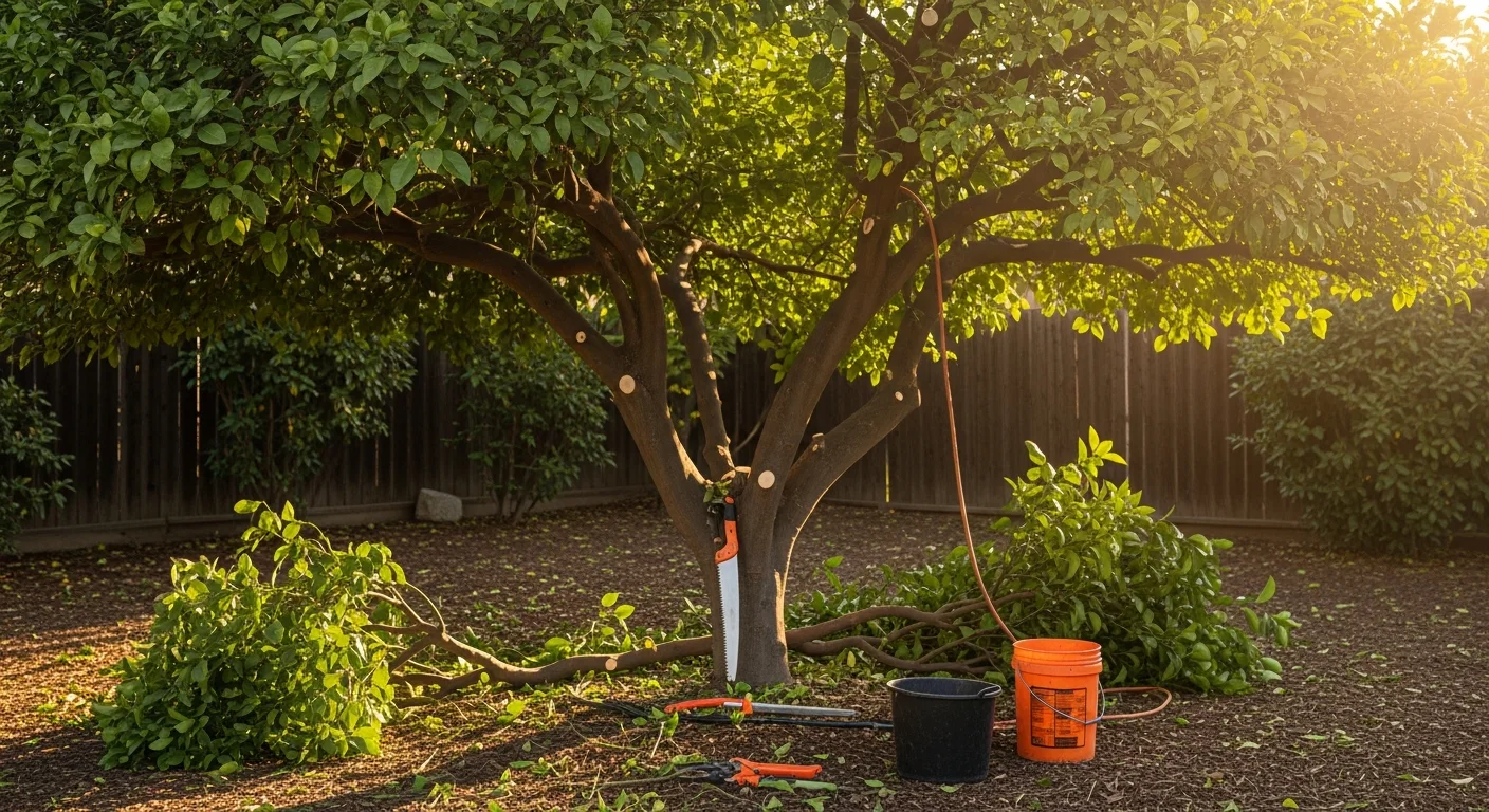 A Valley Tree Care arborist pruning the canopy of a mature citrus tree in a Riverside County backyard, with trimmed branches on the ground and an open, well-shaped tree visible above.