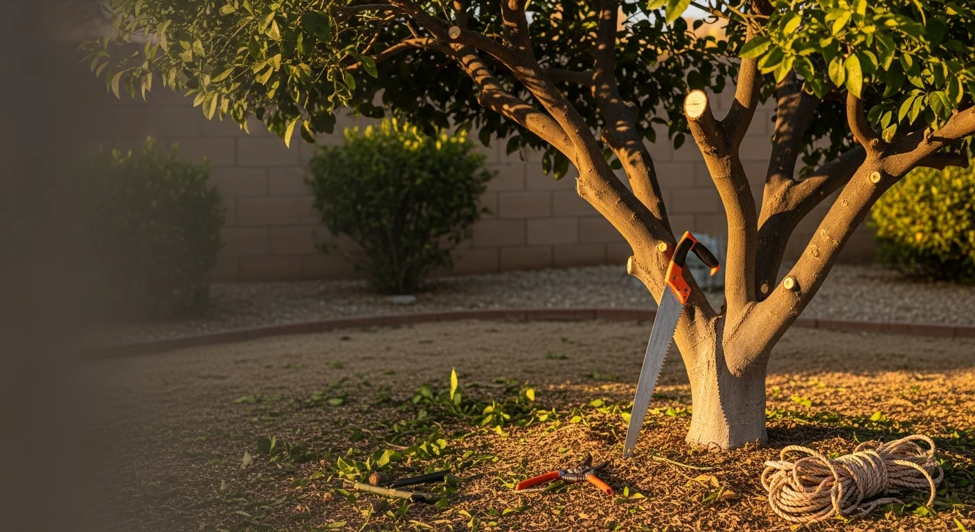 A Valley Tree Care crew member pruning the canopy of a mature citrus tree in a Riverside County backyard, with trimmed branches on the ground and an open, well-spaced canopy visible above.