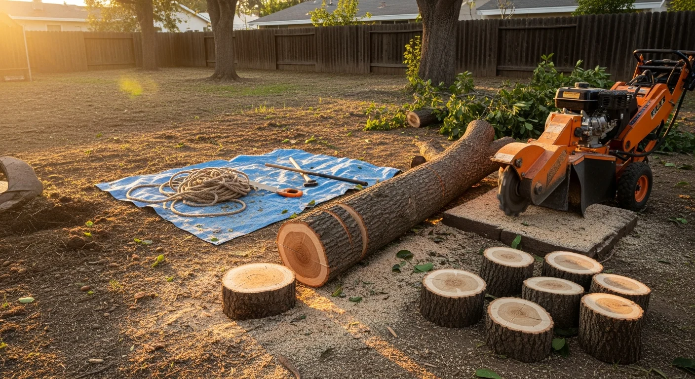A Valley Tree Care crew member cutting down a large citrus tree in a residential backyard in Riverside County, with the trunk sectioned and debris staged for haul-off. The surrounding fence and landscaping remain undisturbed.
