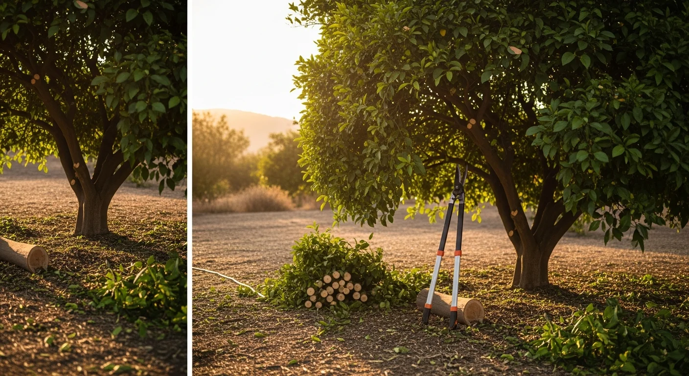 A Valley Tree Care crew member trimming the canopy of a mature citrus tree in a Riverside County residential backyard. The trimmed tree shows an open, evenly shaped canopy with visible fruiting branches and cleared deadwood.