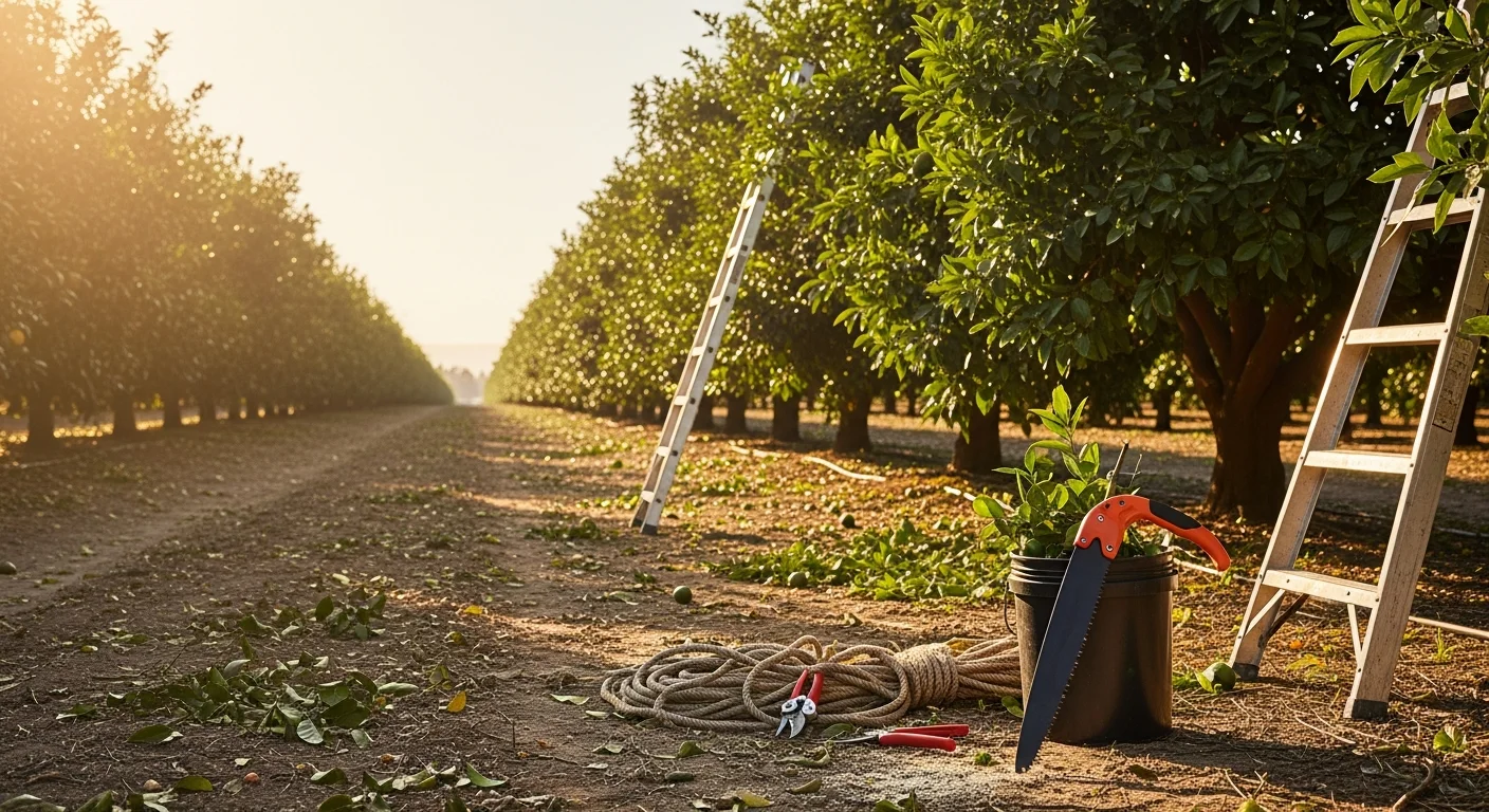 A Valley Tree Care crew member pruning the canopy of a mature citrus tree on a residential Riverside County property. Rows of fruit trees extend across a dry, sun-lit inland landscape in the background.