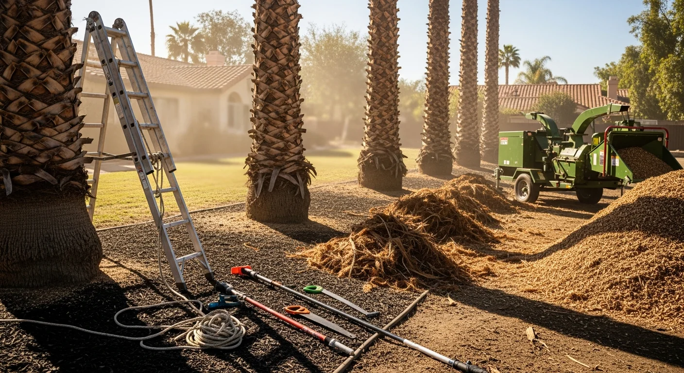 A Valley Tree Care crew member trimming dead fronds from a tall Washingtonia fan palm at a residential property in Riverside County. The trimmed palm trunk is clean and clear of fibrous material, with a tidy yard visible below.