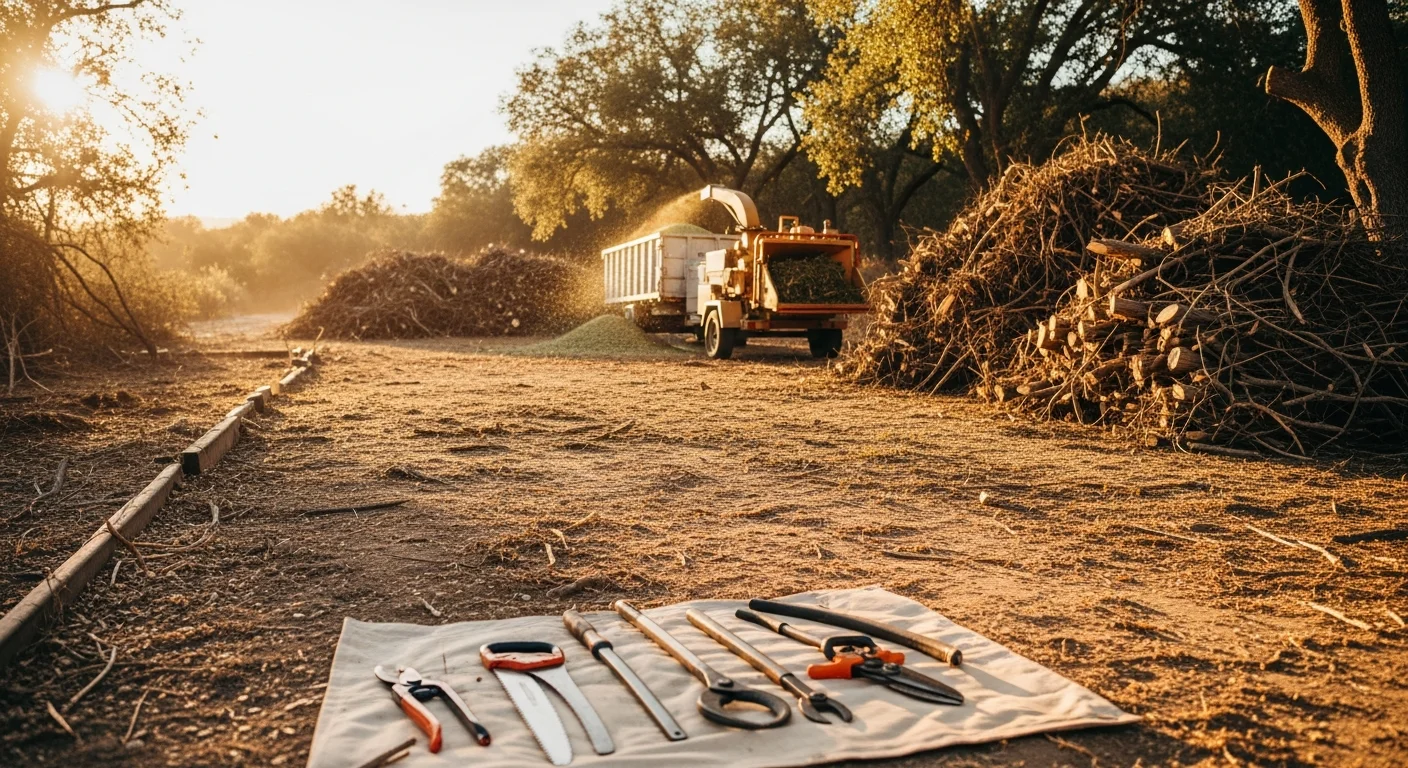 A cleared residential lot in Riverside County showing removed brush piles, cut-back vegetation, and open ground after a full property cleanup. A Valley Tree Care crew member stands near hauled green waste ready for disposal.