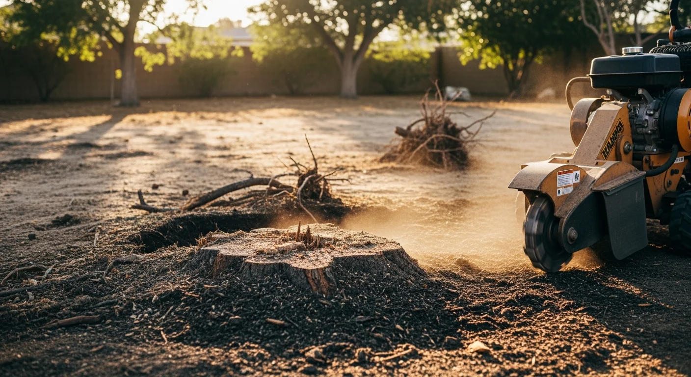 A freshly ground tree stump reduced to ground level in a residential backyard in Riverside County, California. Wood chips fill the cavity where the stump once stood, with surrounding lawn and landscaping left intact.