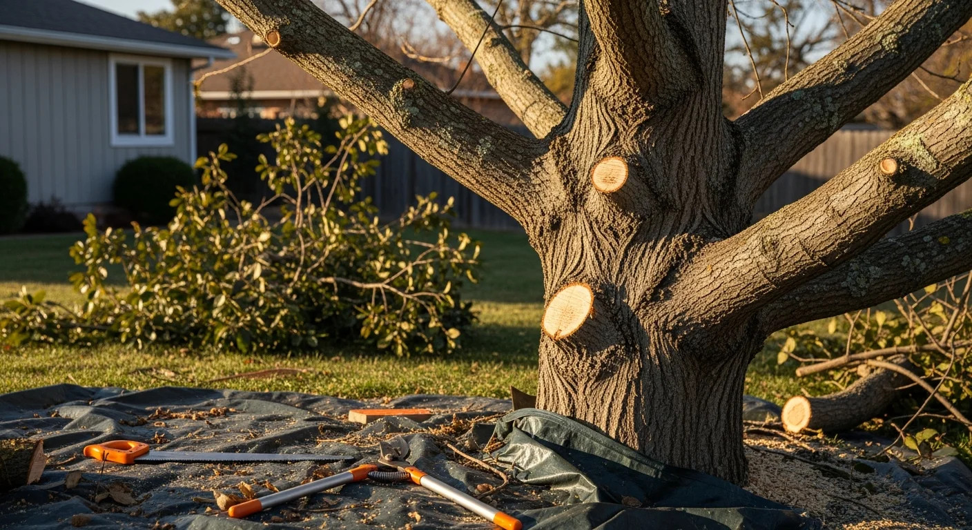 A Valley Tree Care crew member trimming the upper canopy of a mature eucalyptus tree on a residential property in Riverside County, California. Trimmed branches are visible on the ground below, with a dry Southern California hillside in the background.