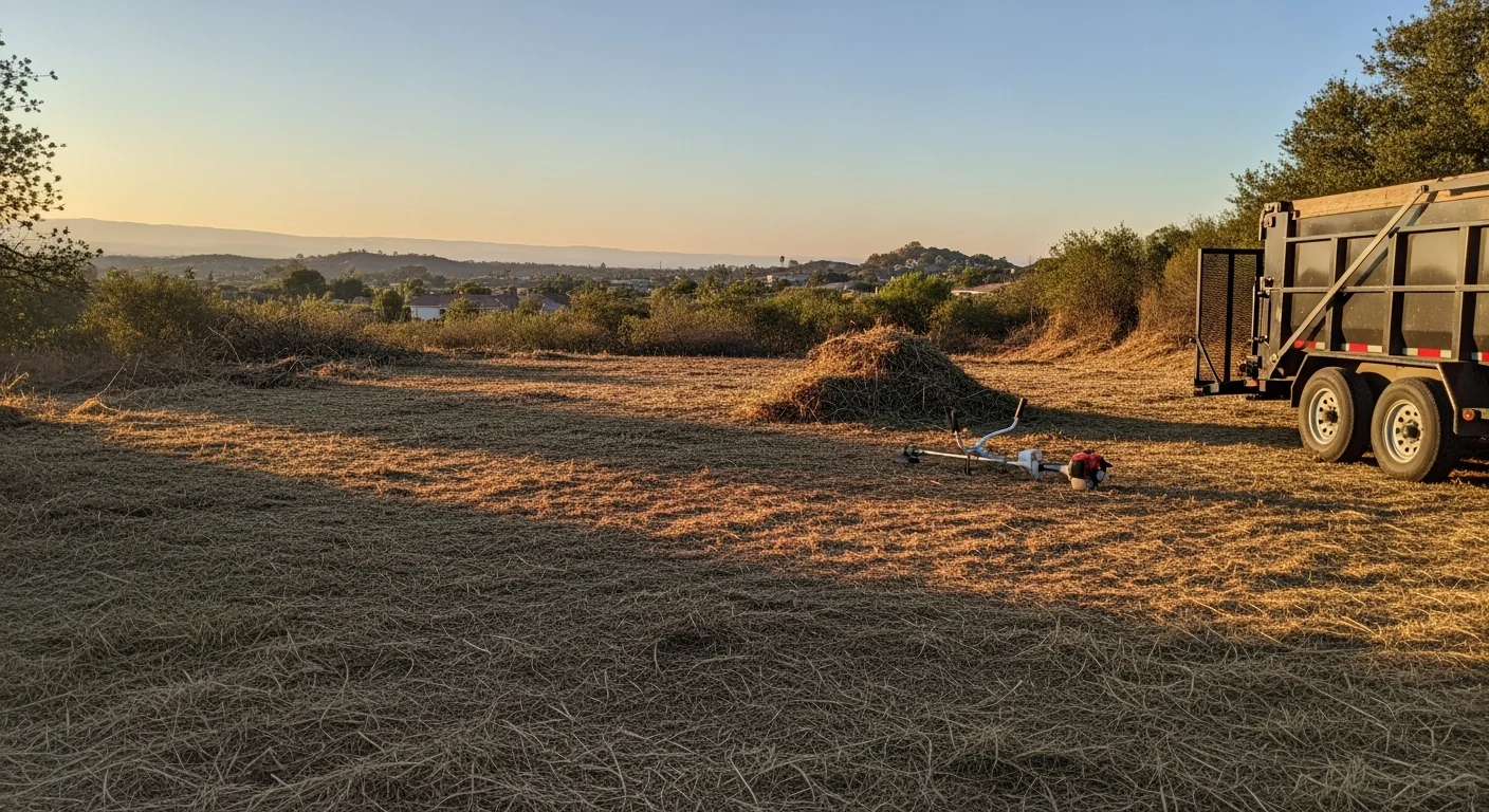 A cleared residential lot in Riverside County after professional weed abatement, showing dry grass and brush removed down to bare soil with a clean perimeter. A Valley Tree Care crew member surveys the finished property with a rural hillside visible in the background.